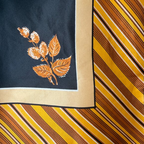 PRICE FIRM Vintage Black Orange Striped Leaf Square Printed Scarf - Picture 4 of 7
